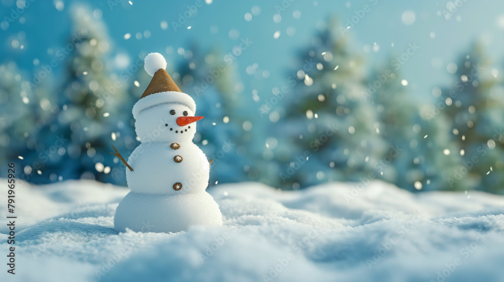 A snowman in the middle of a snowy landscape, full body, wearing a scarf and hat, smiling face, snow covered pine trees, foggy sky