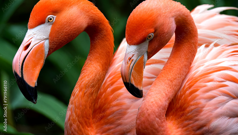 Two pink flamingos are standing side by side, displaying their vibrant plumage and long necks - obrazy, fototapety, plakaty 