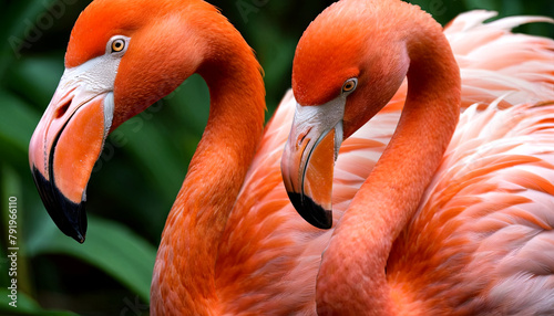 Two pink flamingos are standing side by side, displaying their vibrant plumage and long necks photo