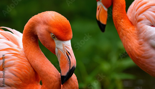 A pair of flamingos are standing side by side in a grassy area