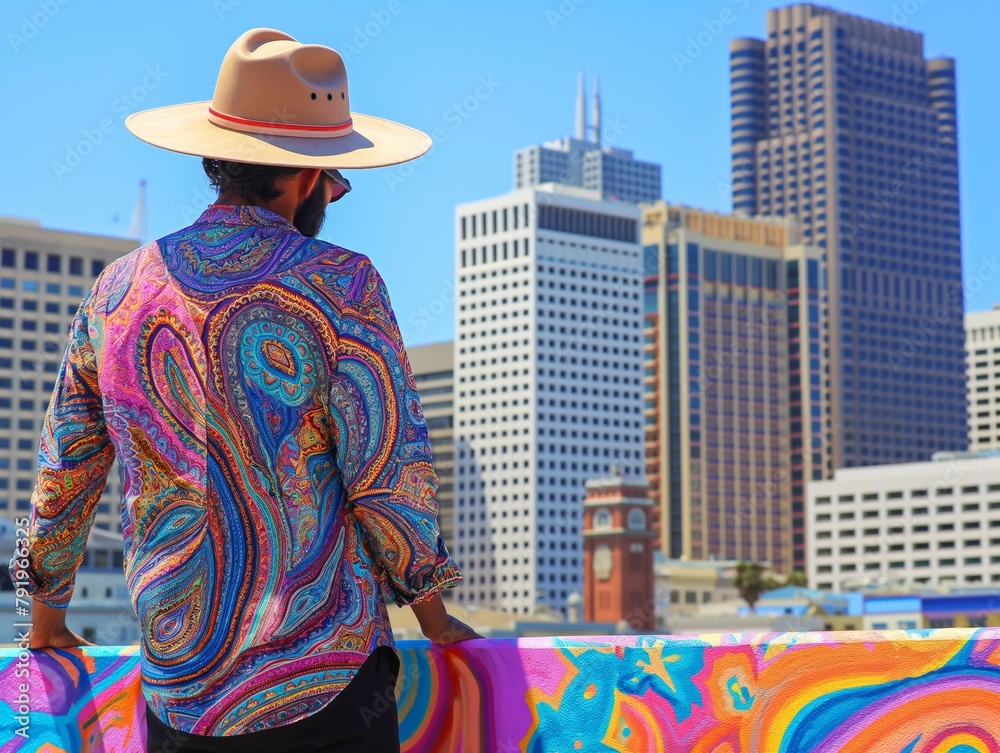 A man wearing a hat and a colorful shirt stands on a ledge overlooking a city. The man is looking out over the city, taking in the view. The cityscape is filled with tall buildings
