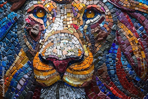 A colorful mosaic lion with a blue nose and yellow eyes © soysuwan123