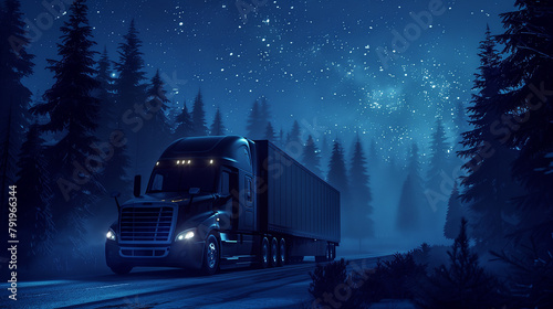 Night large classic big truck with headlights on the night road photo