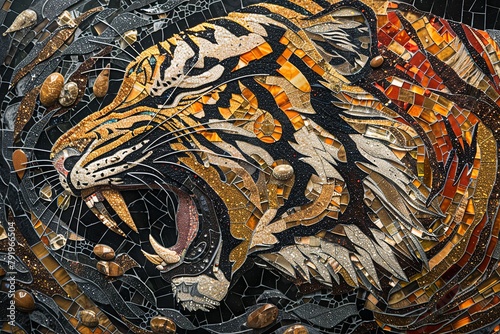 A vivid and colorful artistic portrait of a roaring tiger's face, intricately crafted entirely from shiny stones and rocks. © soysuwan123