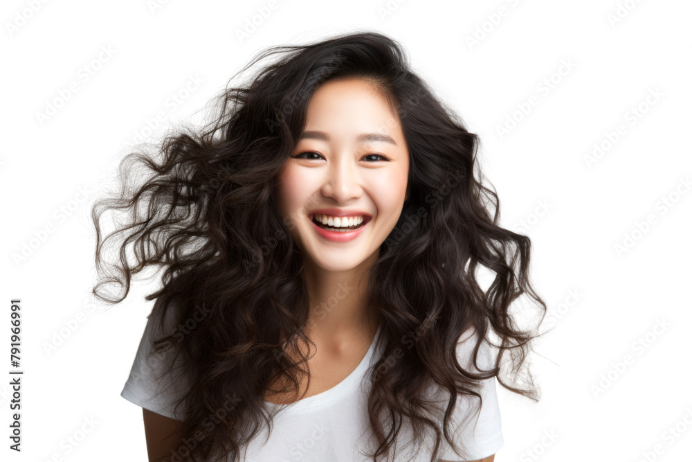 Portrait shot of Asian beautiful young woman with curly hair and happy joyful attractive smile, isolated on transparent png background. Portrait shot of Asian beautiful young woman with curly hair and happy joyful attractive smile, isolated on transparent png background.
