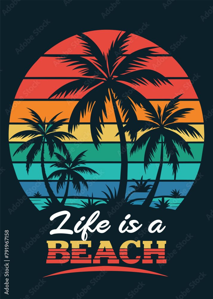 Sunny Shoreline: A T-Shirt Style Design with Beach and Palm Trees