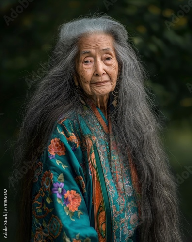 Wallpaper Mural Elderly woman with long gray hair and vibrant traditional attire emanating wisdom and tranquility in her portrait Torontodigital.ca