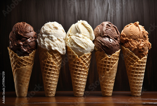 ice cream filled cones filled with chocolate ice cream on a table сreated with Generative Ai