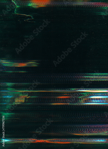 Glitch noise. Digital distortion. Black green orange color fuzzy stripe frequency wave broken vhs signal dust scratch grunge abstract background.