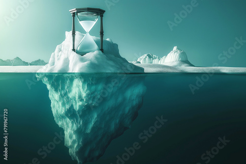 An hourglass rests on an iceberg in the azure waters of the ocean. Global warming, ecology problem concept.