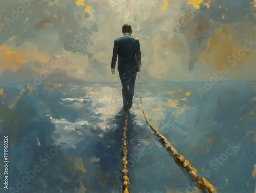 A man is walking on a rope bridge with a chain in his hand. The painting is a representation of the idea of being trapped or controlled by something, possibly a relationship or a situation photo