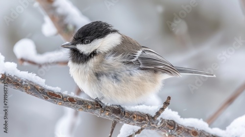 A songbird on a snowy twig, balancing with its tail, chirping a sweet melody