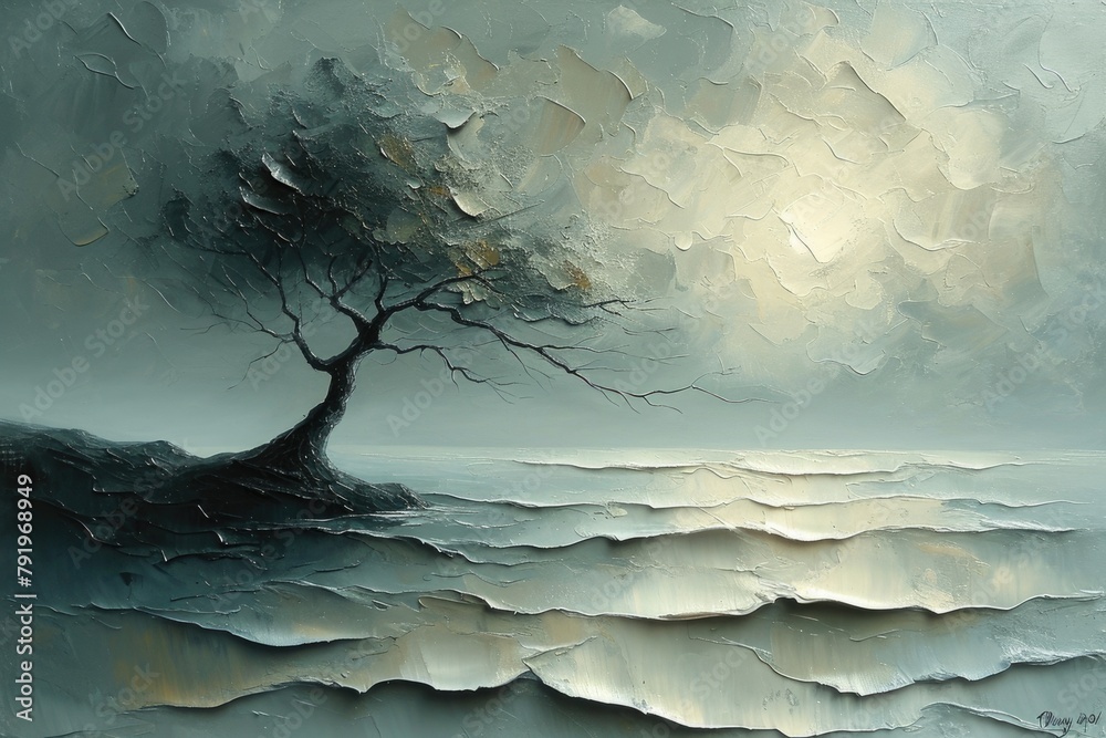 The oil painting white picture of the lifeless leafless tree that has ...