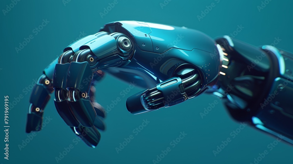A tight shot of a robot's arm grasping another robot's arm aloft A tight shot of a robot's arm grasping another robot's arm aloft