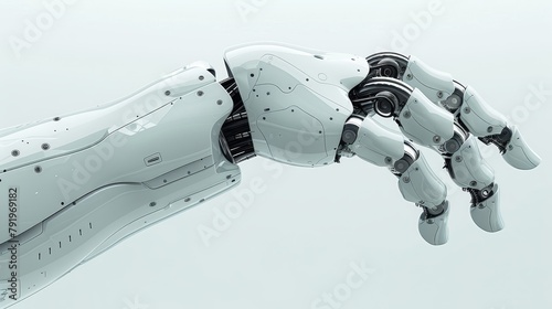 A robotic hand, focused up-close against a pristine white background Behind it, a serene blue sky