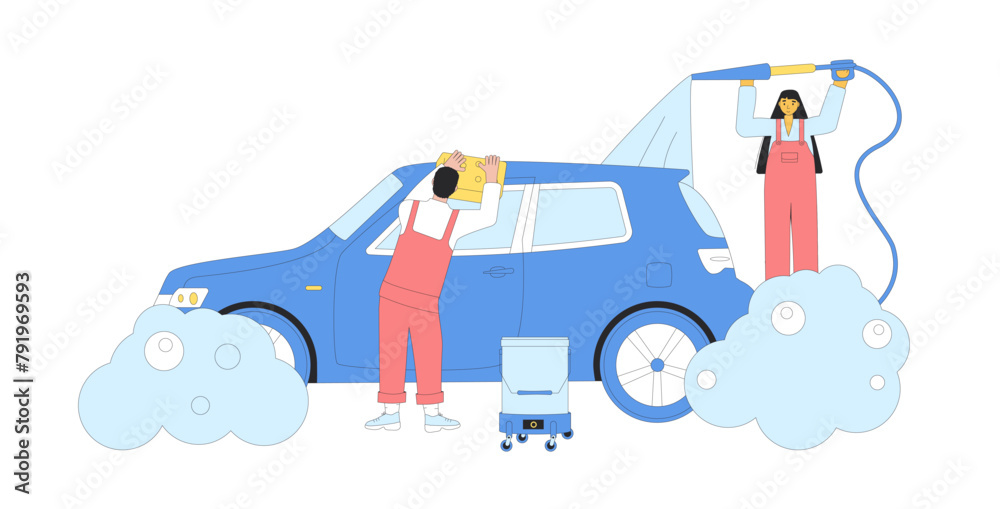 Car wash concept. Vehicle clean station. Repair auto garage. Workers carry out complex wash service. Vector outline illustration isolated on white background.
