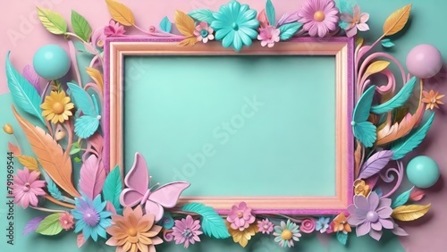 Pastel color 3d frame design with flowers ornated, retro style background.