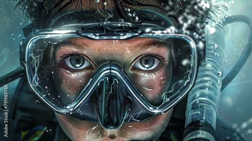 Close-up of a teenage scuba diver's face under water. Serene diver explores vibrant depths.