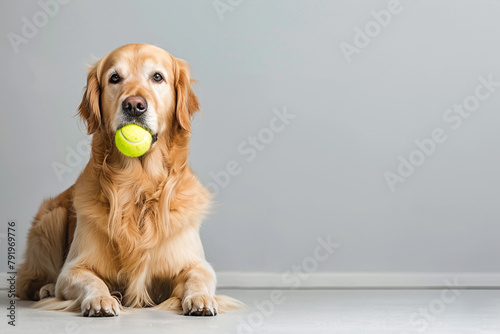 A Golden Retriever sitting obediently with a tennis ball in its mouth.