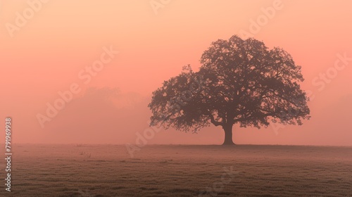  A solitary tree stands amidst a field, encased in foggy, rosy-tinted, pastel-shaded sky