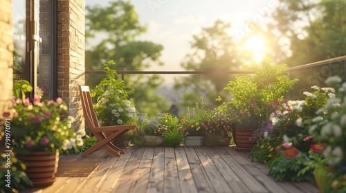 Cozy Outdoor Oasis  Balcony Retreat with Wooden Floor  Chairs  and Potted Plants Generative AI