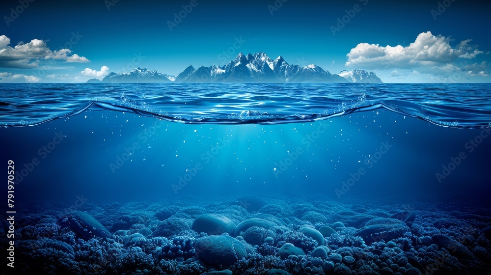   An underwater perspective of a blue ocean with a distant mountain and bubbling foreground waters