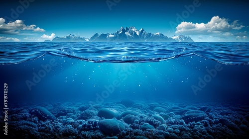  An underwater perspective of a blue ocean with a distant mountain and bubbling foreground waters