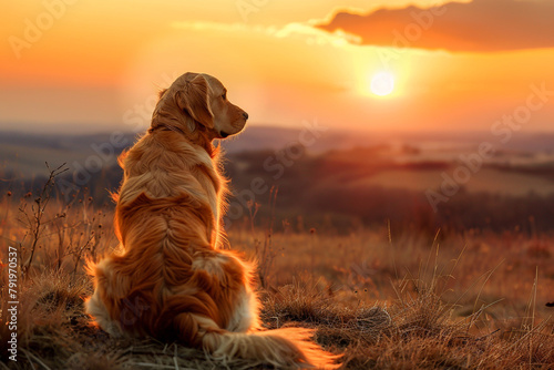 A Golden Retriever sitting on a hill, watching a sunset.