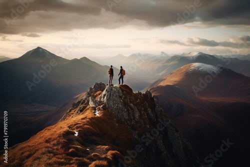 People stand on on mountain top and look at the landscape