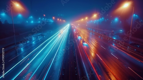 Mesmerizing Light Trails on the Night Road Generative AI photo