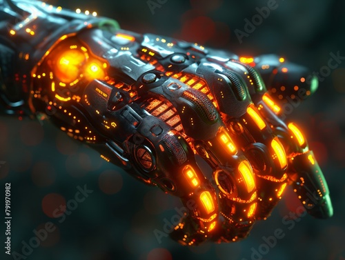 A hand with glowing orange fingers is shown in a dark background. The hand is made of metal and has a futuristic look to it photo