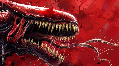  A tight shot of a monster's gaping maw, dripping with blood that cascades down its face