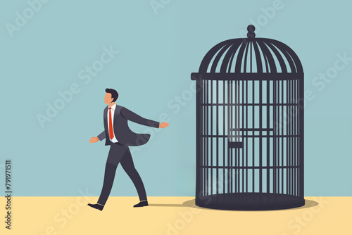 Business graphic vector modern style illustration of a business person leaving a cage unrestricted breaking shackles and confinement of contract company workplace