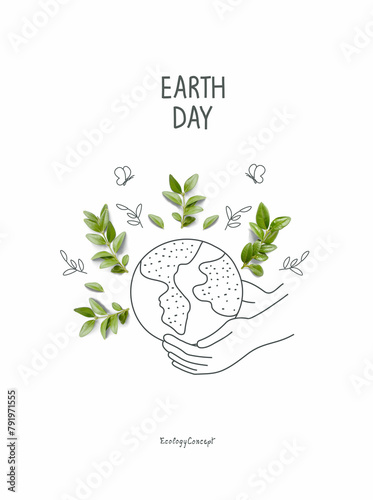 Illustration of Environmentally friendly planet.Hand drawn cartoon sketch of earth and supporting hands with green leaves. Think Green. Protect the World from pollution concept.