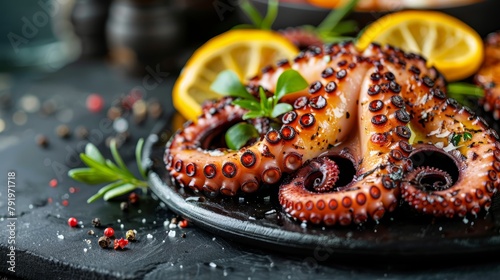 Grilled Octopus on Black Plate: A Mediterranean Delicacy Generative AI