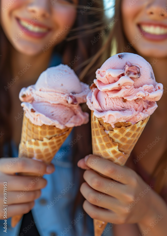 Two people enjoying large strawberry ice cream cones on a sunny day.