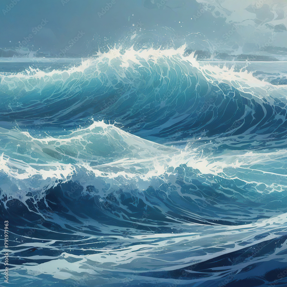 Beautiful seascape with waves and sun. Digital painting.