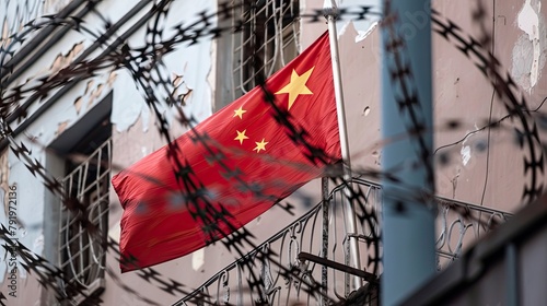 A red flag with a yellow star hangs on a mast behind barbed wire photo