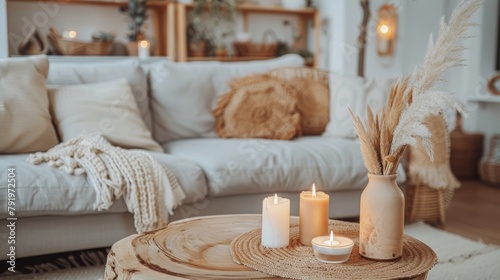 Cozy Modern Boho Living Room with Light Gray Sofa and Decor Generative AI