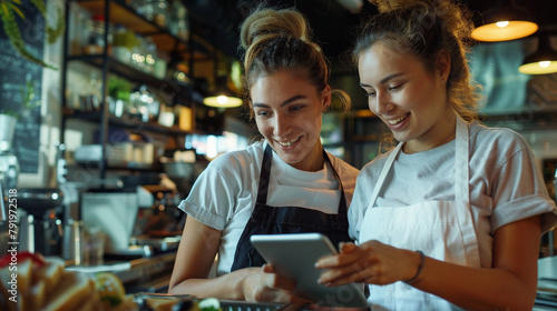 Smiling Female Restaurant Staff Using Digital Tablets For Efficient Restaurant Operations