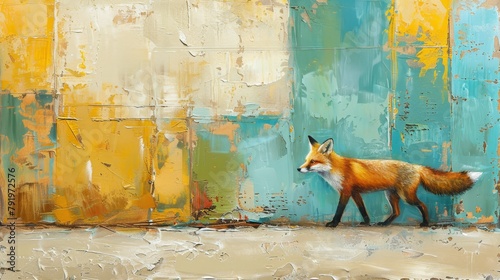   A red fox before a blue-yellow-white wall with peeling paint