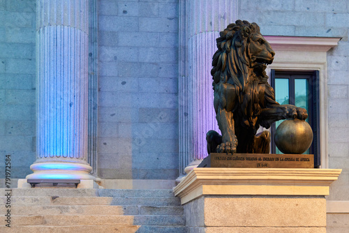 Spanish parliament congress on Madrid illuminated at night with gay pride rainbow colors for celebrating lgbtiq pride	 photo