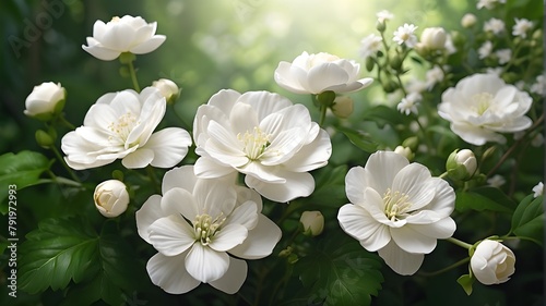 A photorealistic depiction of delicate white flowers set against a lush green background. The image should capture the intricate details of the flowers  petals  the vibrant greenery of the background 