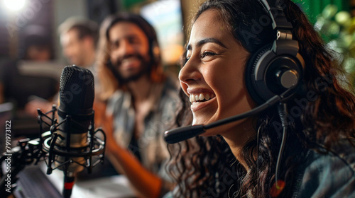 Lively Podcast Hosts Engage In An Energetic Recording Session, Smiling In A Professional Studio Setting.