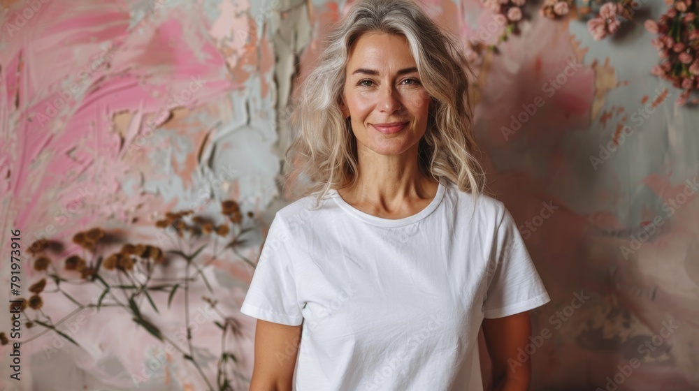 Fototapeta premium Cheerful Middle-Aged Woman in Blank White T-Shirt Mockup Generative AI