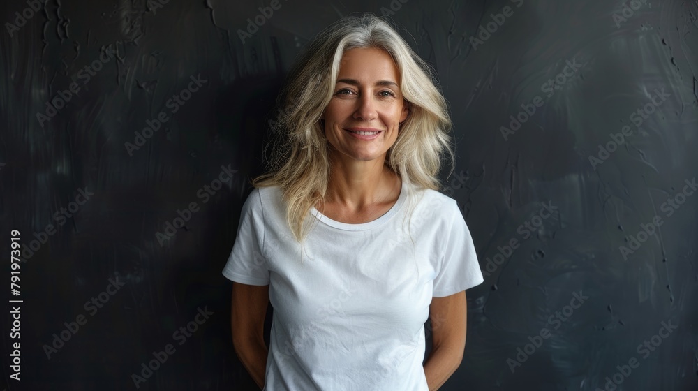 Cheerful Middle-Aged Woman in White Blank T-Shirt Mockup Generative AI