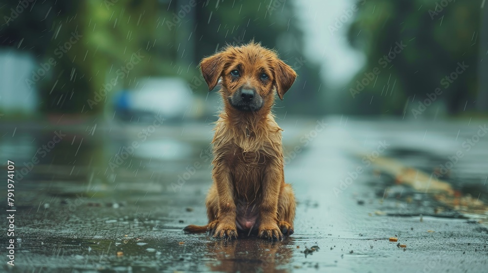 Lonely Stray Dog Sitting in the Rain on a City Street Generative AI