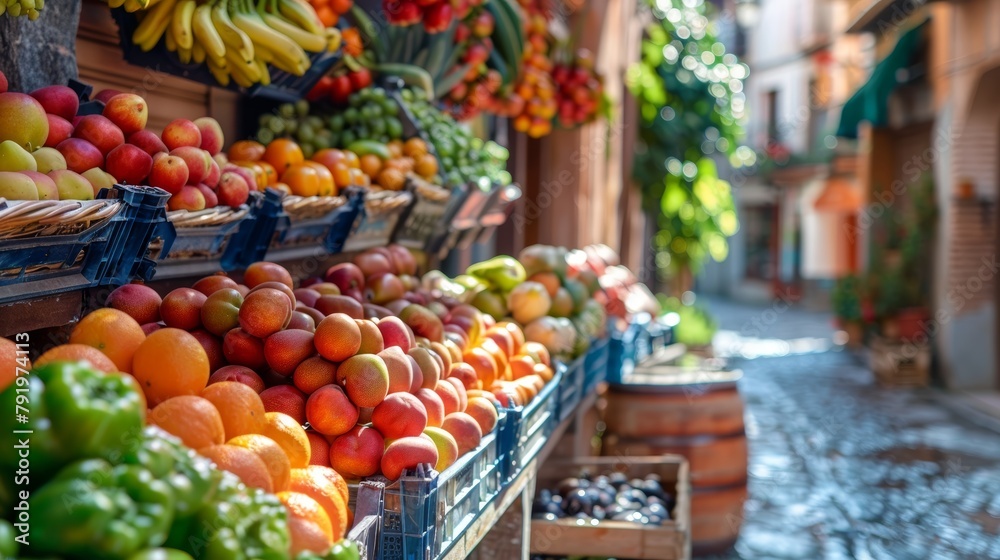 Sunny Spanish Street Market with Fresh Produce Generative AI