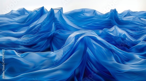   A painting of a blue, flowing fabric against a white, distant sky, with a nearer white sky in the foreground photo