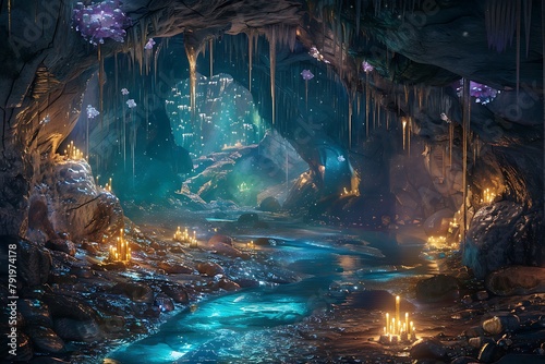 A mystical cavern with glowing crystals  bioluminescent flora  and a tranquil underground river